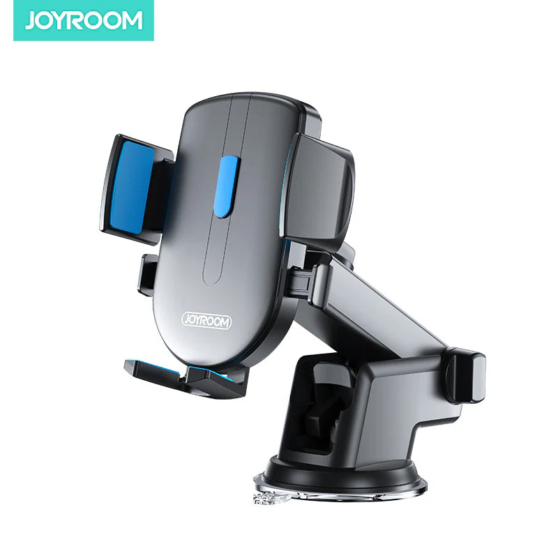 Car phone holder with side clamps, base stand, and screen holder arms, dark gray with blue accents