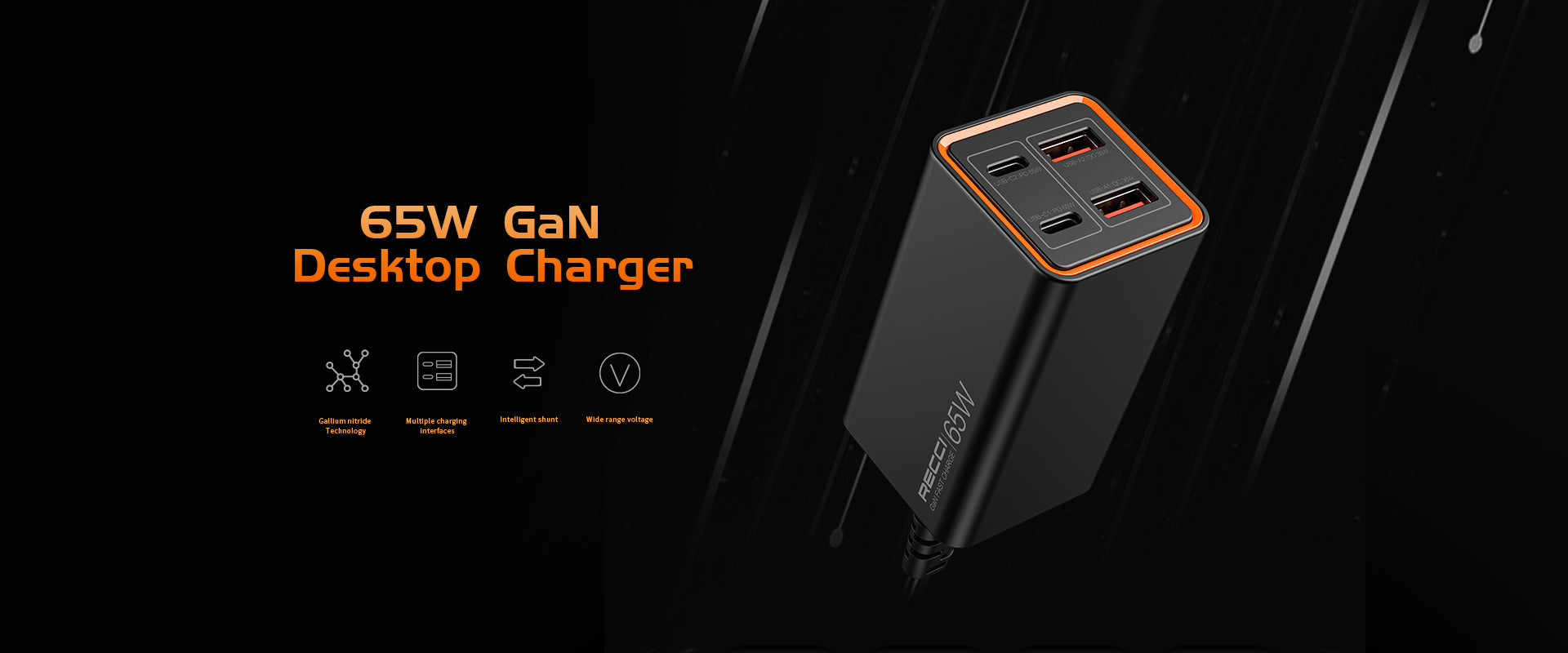 RC37 65W Multi-Port Fast Charger | Dual Type-C + Dual USB-A - شاحن RC37 سريع بقدرة 65W مع 4 منافذ (Type-C ×2 + USB-A ×2)