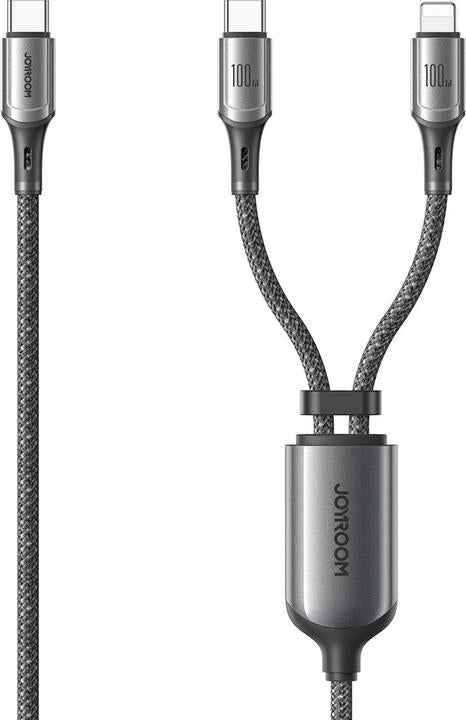 Black braided 2-in-1 Type-C cable with Y-splitter and dual Type-C connectors