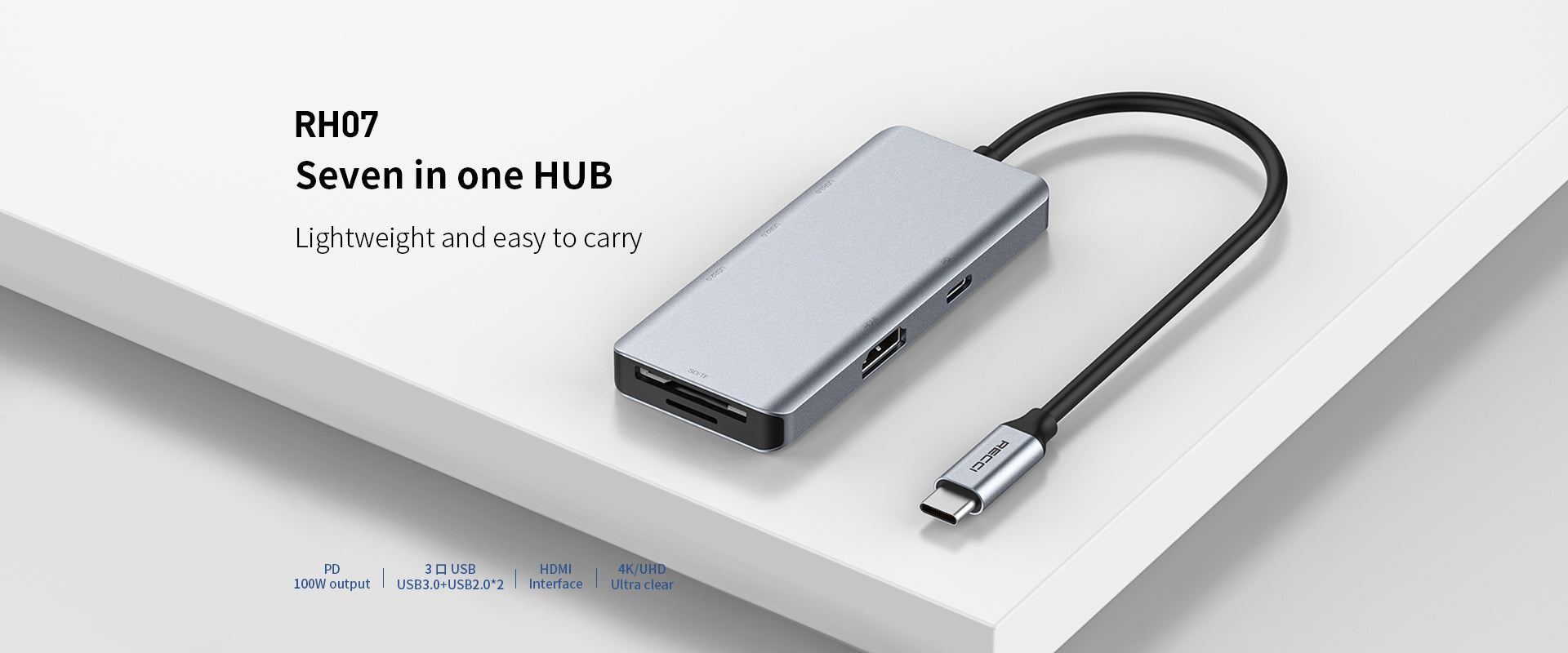 Recci 7 in 1 Hub Type-C  TO 1*USB3.0+2*USB2.0+HDMI+PD+SD+TF RH07