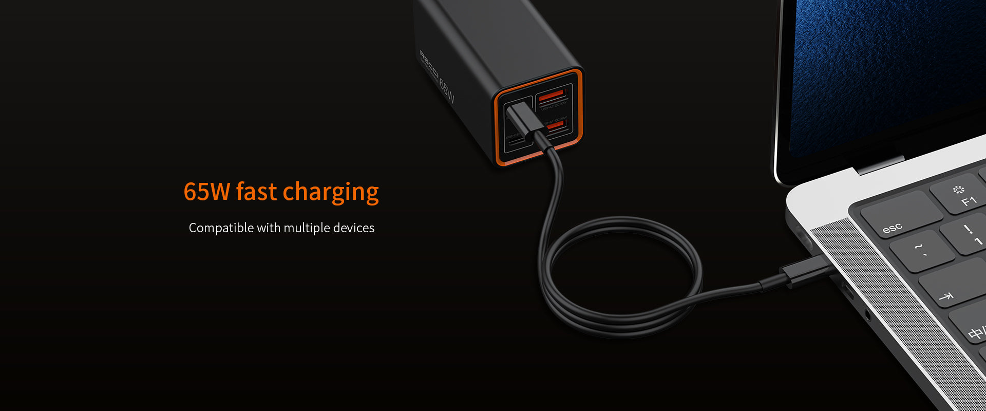 RC37 65W Multi-Port Fast Charger | Dual Type-C + Dual USB-A - شاحن RC37 سريع بقدرة 65W مع 4 منافذ (Type-C ×2 + USB-A ×2)
