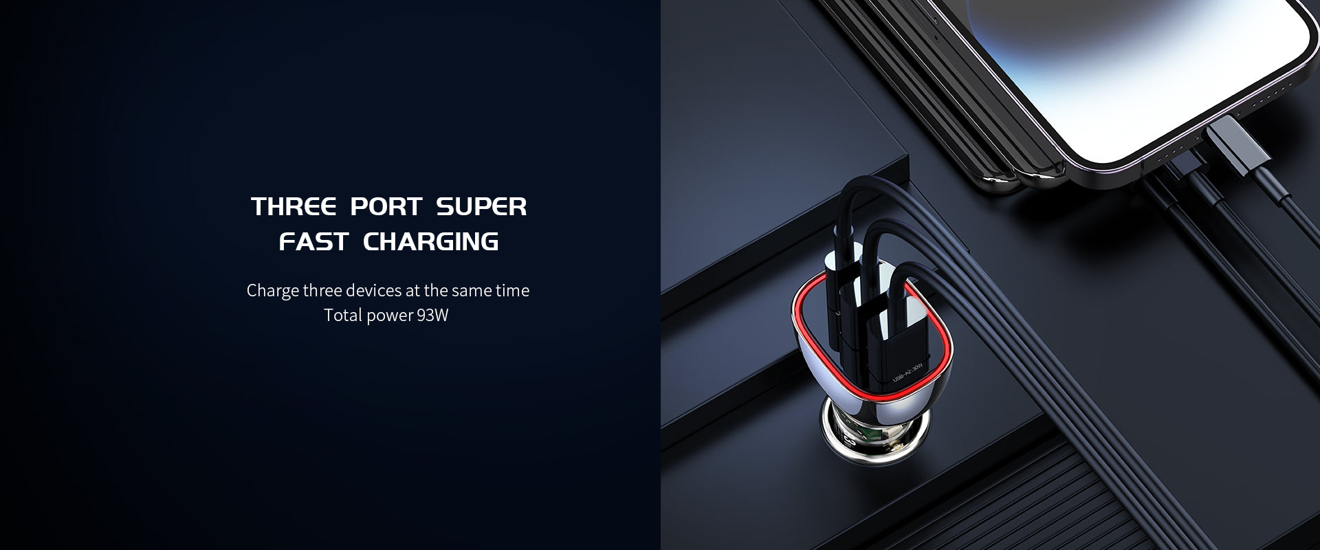 RCC-N18 93W Car Charger | USB-C + Dual USB-A | PD3.0 & QC3.0 - شاحن سيارة RCC-N18 بقدرة 93W | منفذ USB-C + منفذين USB-A | يدعم PD3.0 و QC3.0
