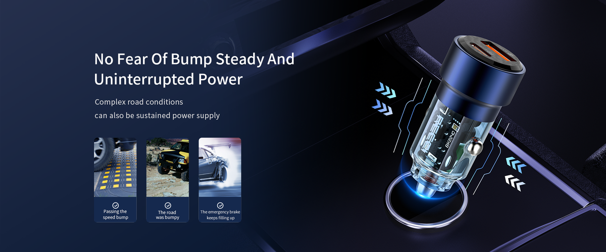Blue car charger with steady power design and illuminated charging connector