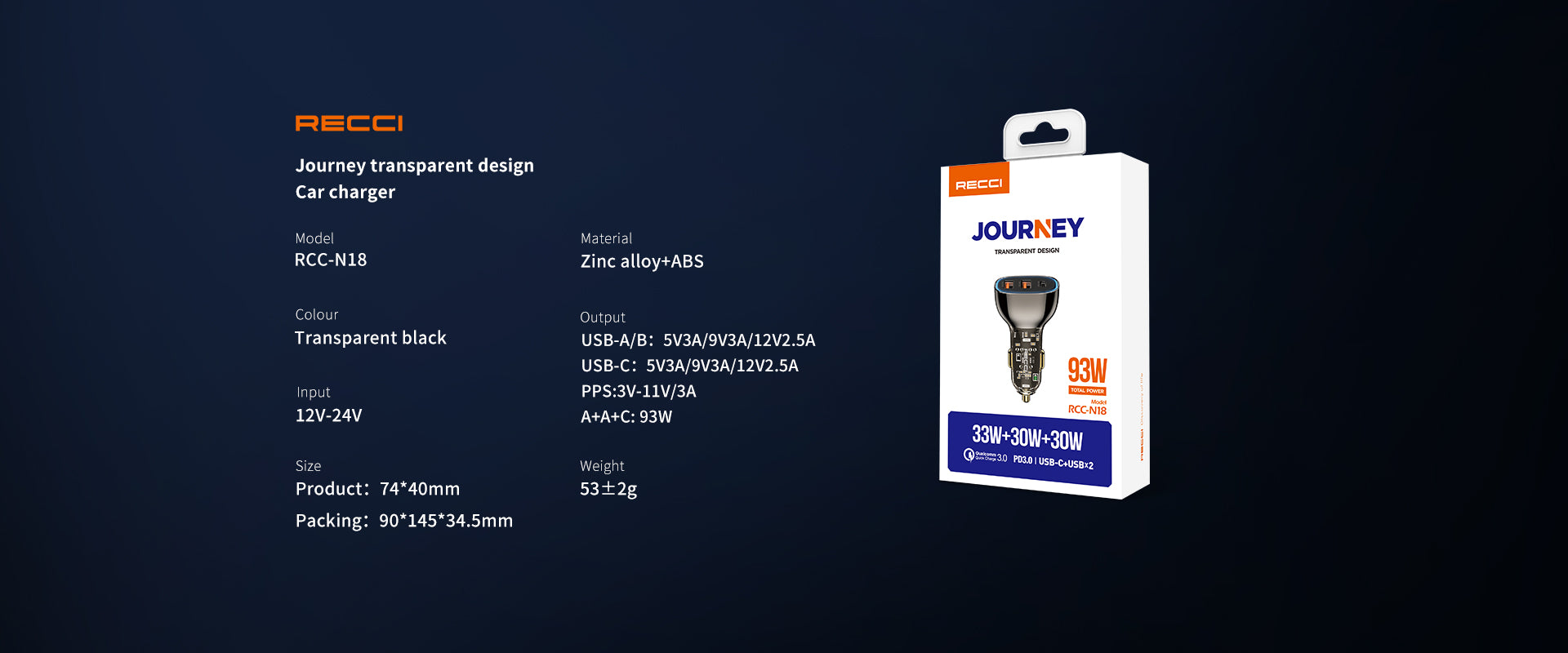 RCC-N18 93W Car Charger | USB-C + Dual USB-A | PD3.0 & QC3.0 - شاحن سيارة RCC-N18 بقدرة 93W | منفذ USB-C + منفذين USB-A | يدعم PD3.0 و QC3.0