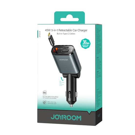 Dark grey 3-in-1 retractable car charger retail box with USB-C cable