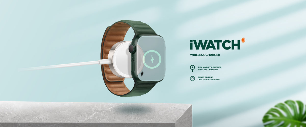 iWatch wireless charger dock with round pad and green-brown strap-style stand