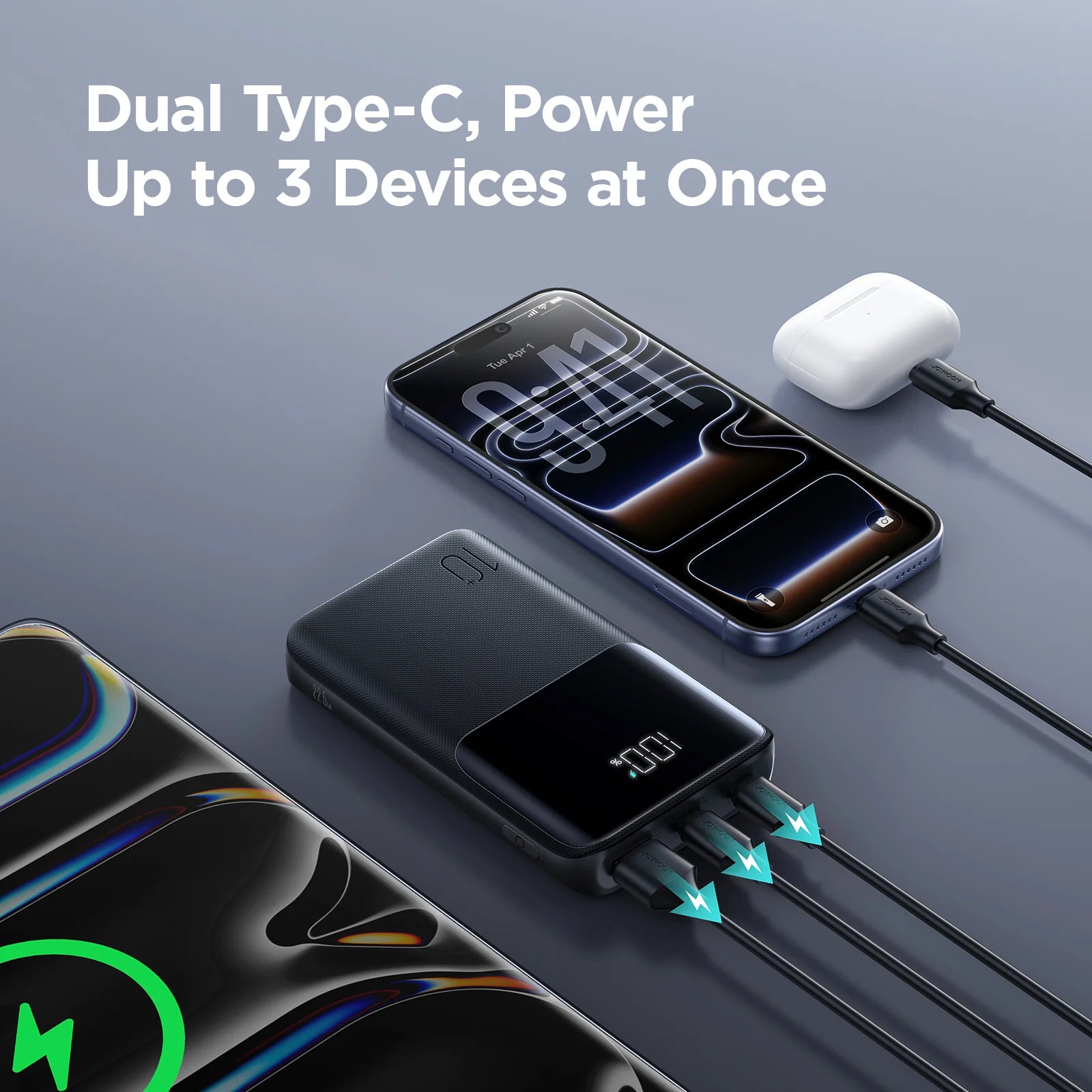 Black power bank showing dual USB-C ports with cables connected
