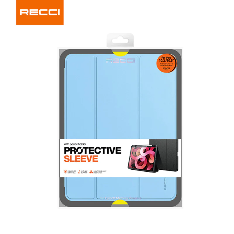 Light blue iPad protective sleeve case package with pencil holder window