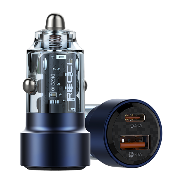 Blue transparent car charger with metal plug, showing circuitry and dual USB ports