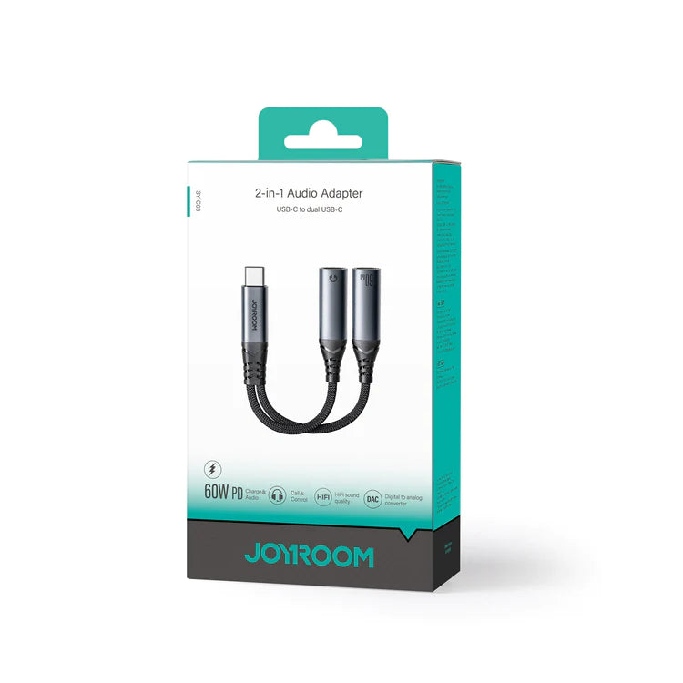 Joyroom 2-in-1 audio adapter retail box, USB-C to dual USB-C, black