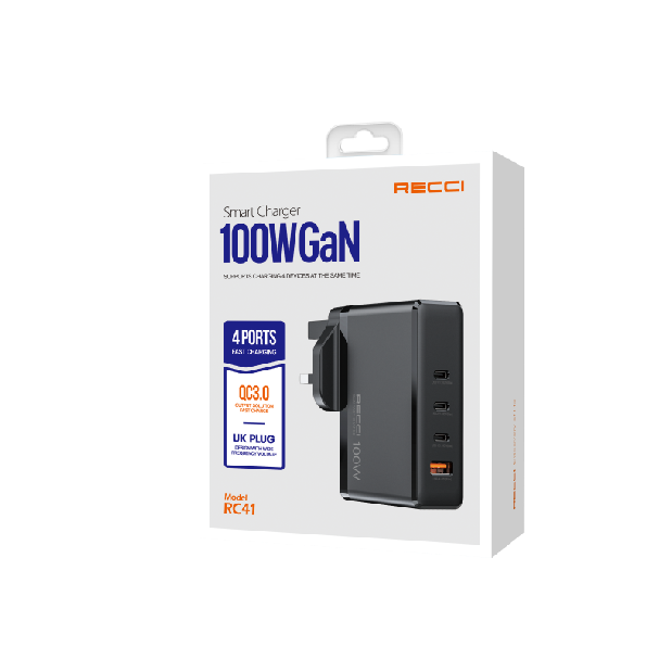Boxed 100W GaN 4-port charger for Type-C and USB-A with QC3.0