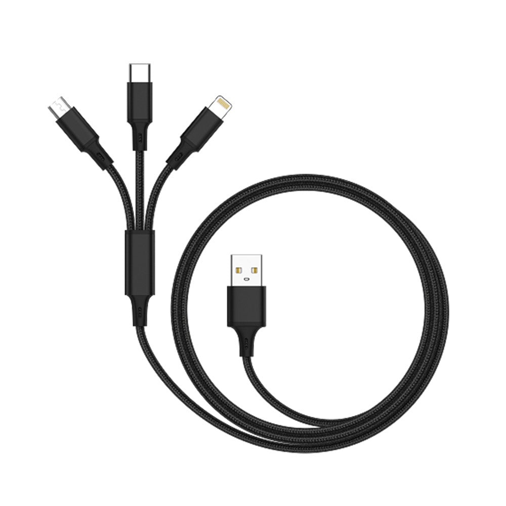 Black braided 3-in-1 USB cable with USB-A plug and three connector tips