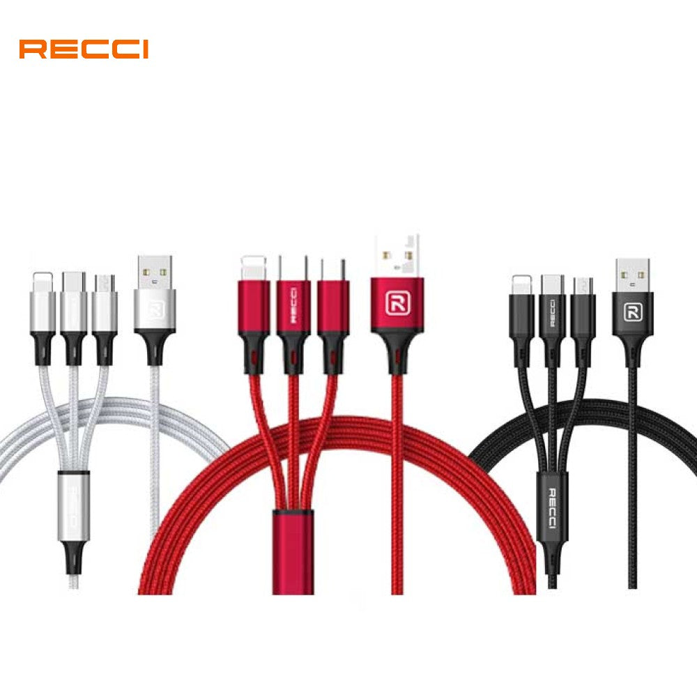 3-in-1 USB data cable with three braided connectors: silver, red, and black