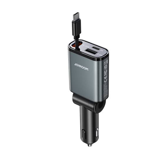 Retractable dark grey 3-in-1 car charger with USB-C and USB-A ports