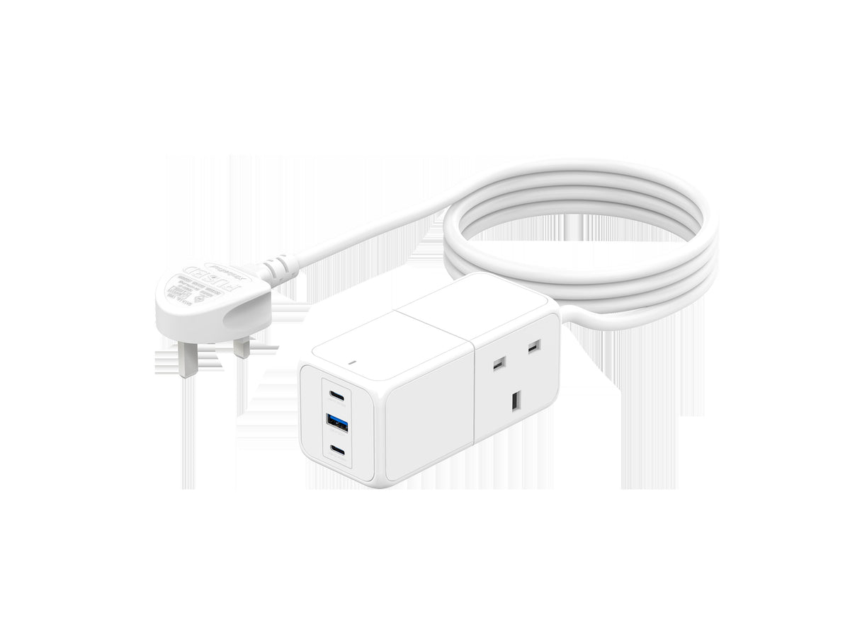 65W GaN desktop charger with UK plug, white, and 3 USB ports