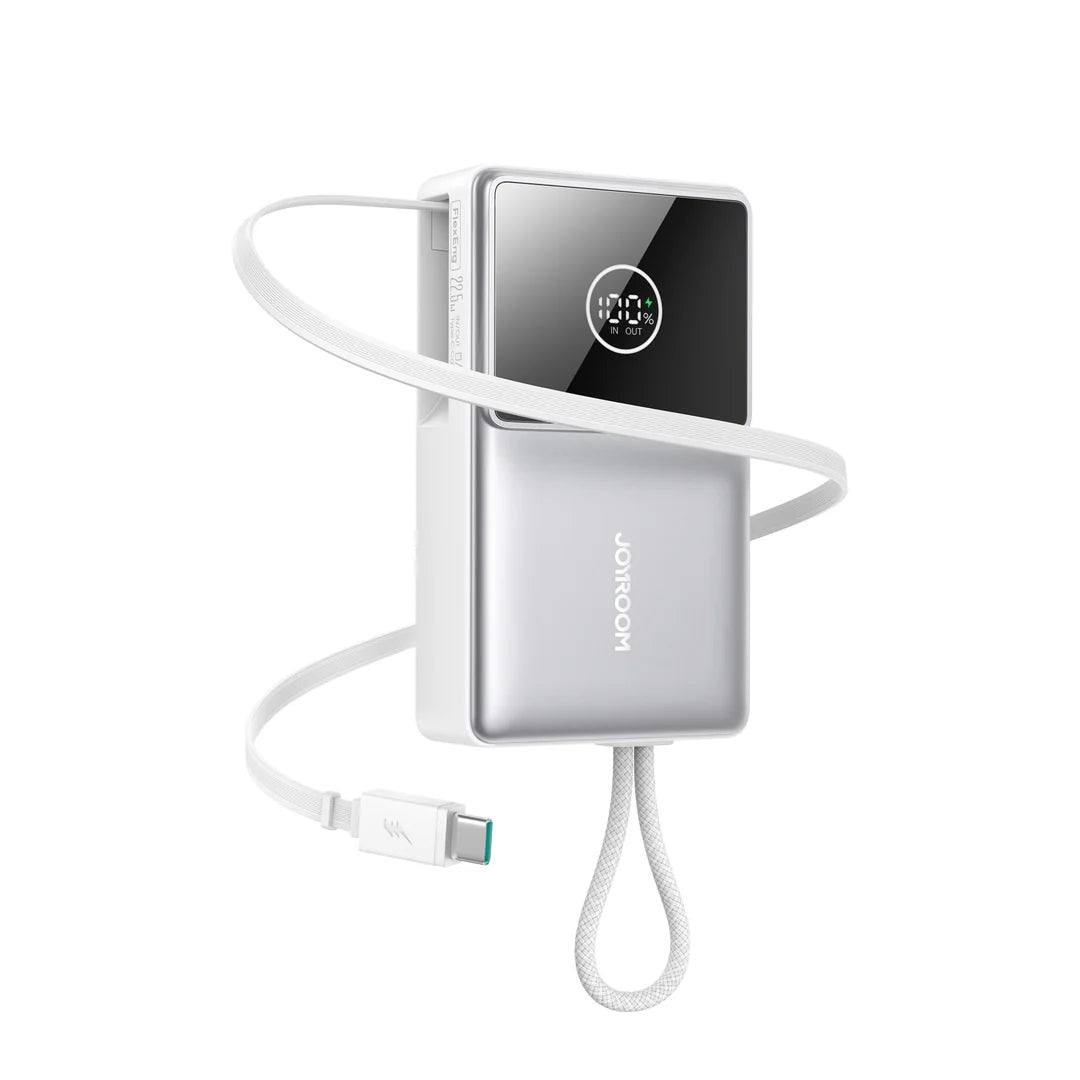 Mini power bank with retractable cable, white body and LED status display