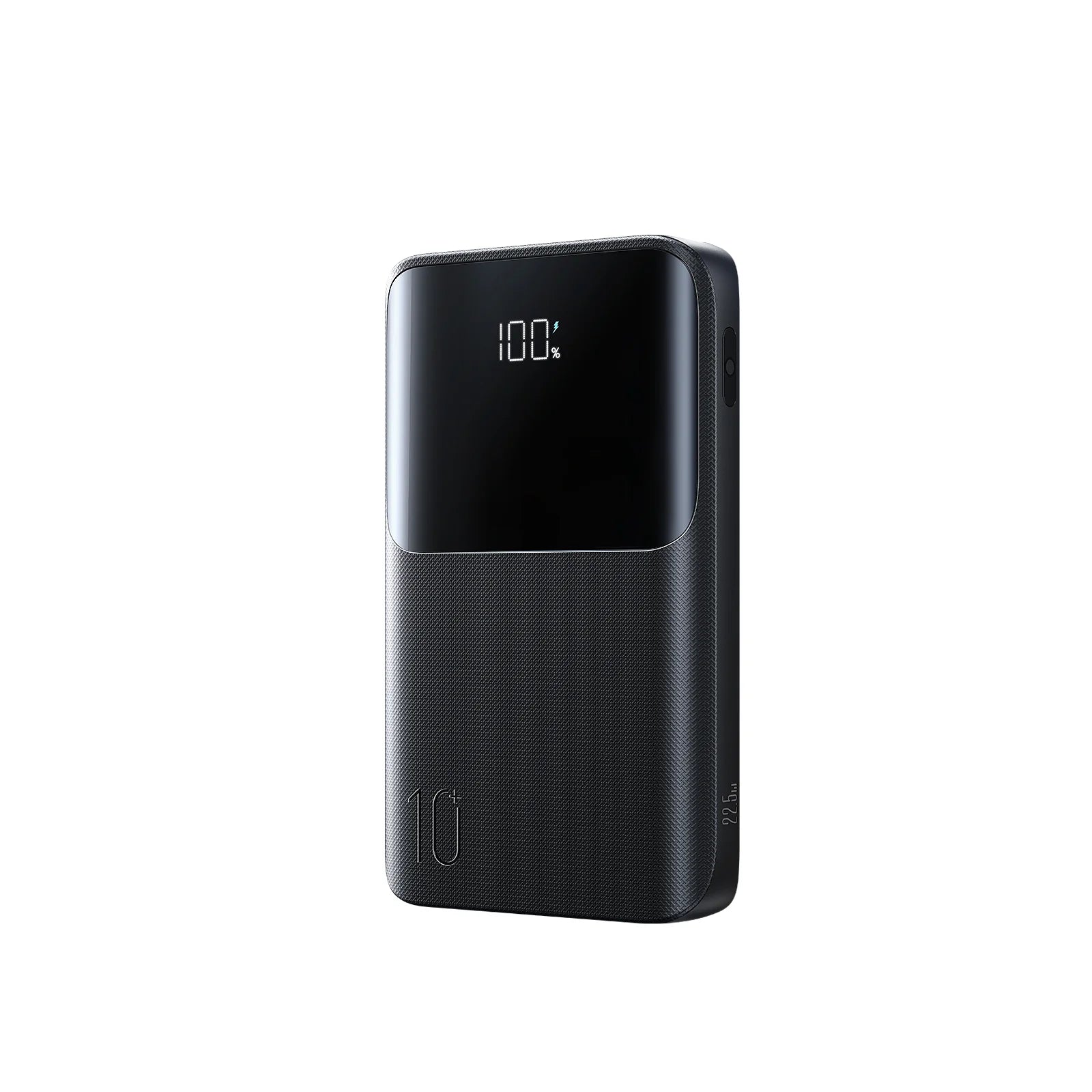 Black compact power bank with LED battery percentage display on the front