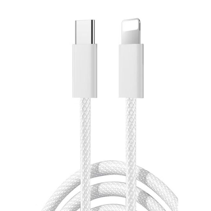 White braided charging cable with Type-C and Lightning connectors