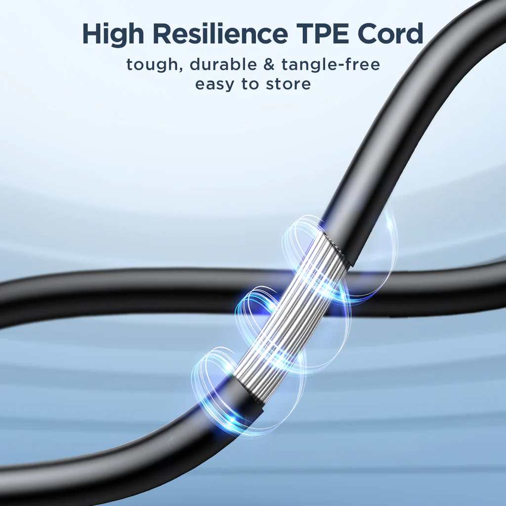 Black TPE wired earbud cable with anti-tangle flex near the connector