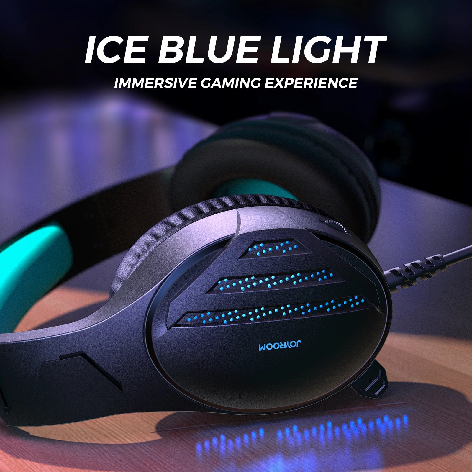 Black gaming headset earcup with blue LED light strip and teal headband accent