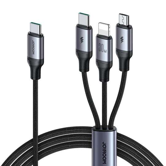Black braided 3-in-1 charging cable with Type-C, Lightning, and Micro USB connectors