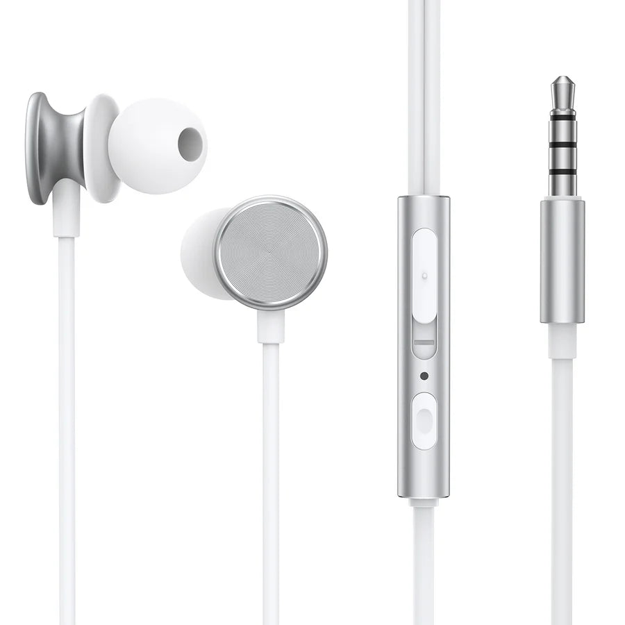 White wired in-ear metal earbuds with earbud tips and inline control module
