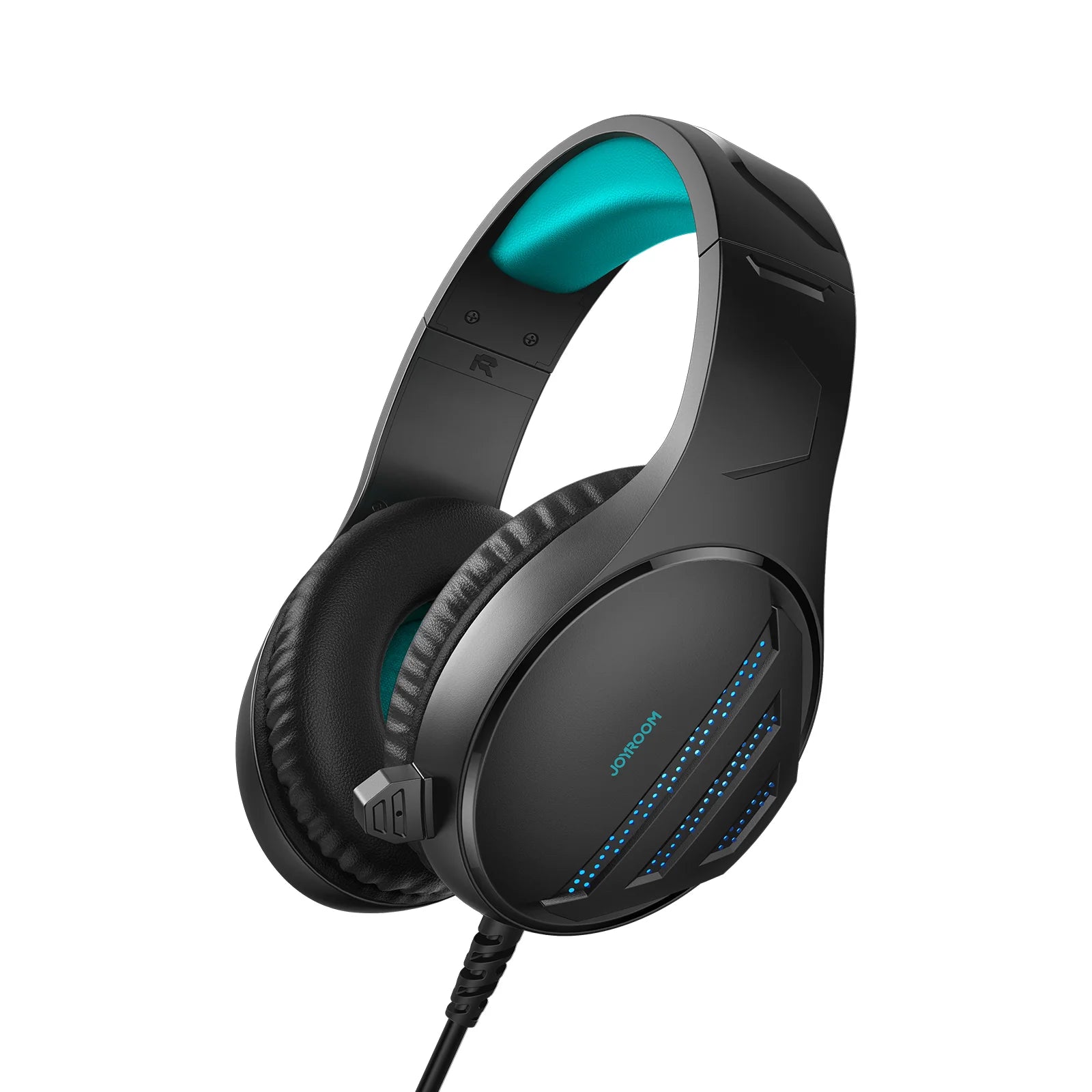 Black wired over-ear gaming headset with teal inner headband and blue LED earcup