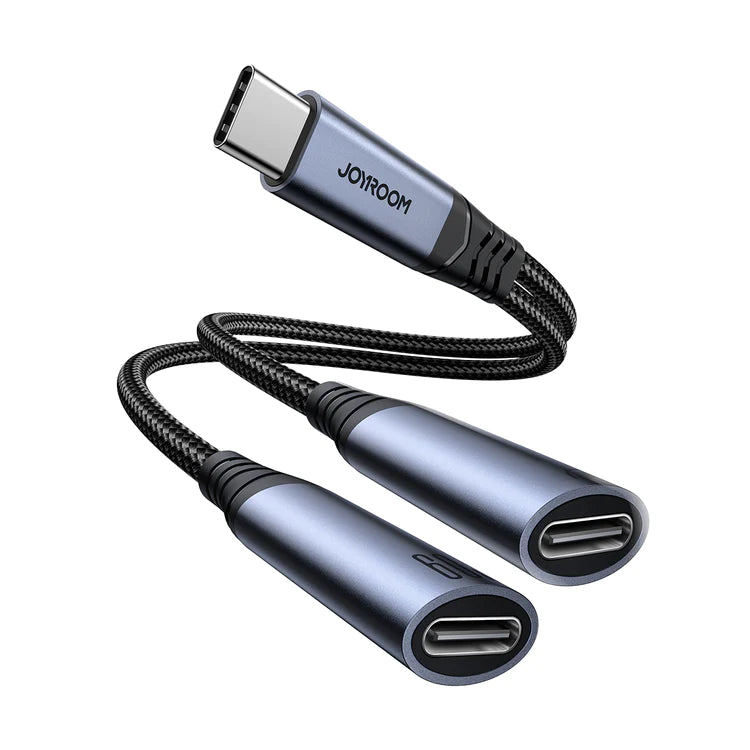 Black 2-in-1 Type-C audio adapter with dual Type-C outputs and braided cable
