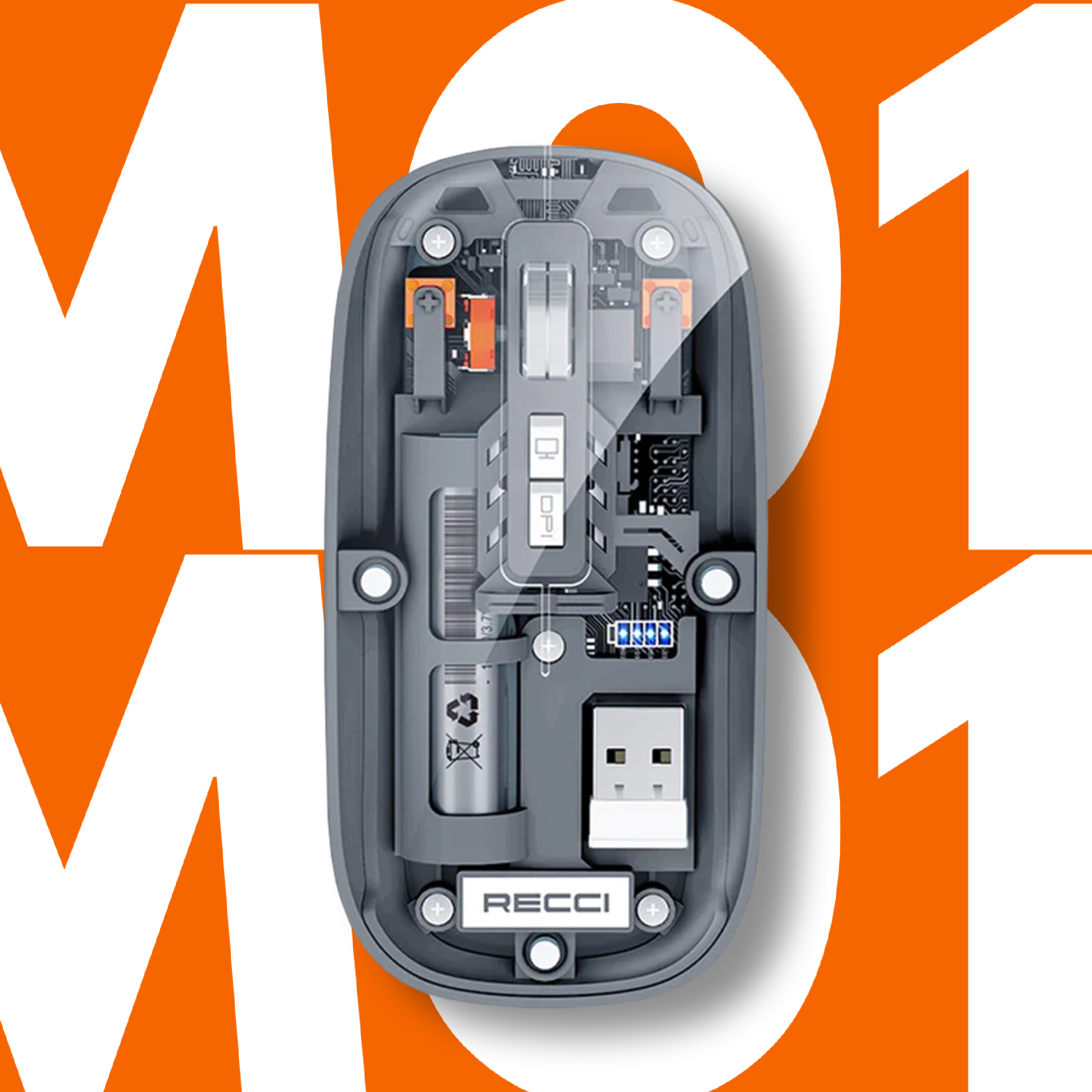 Gray wireless mouse interior view with USB receiver and switches visible on underside