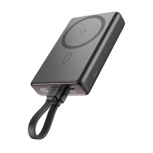 Black magnetic wireless power bank with built-in cable and kickstand, charging pad top