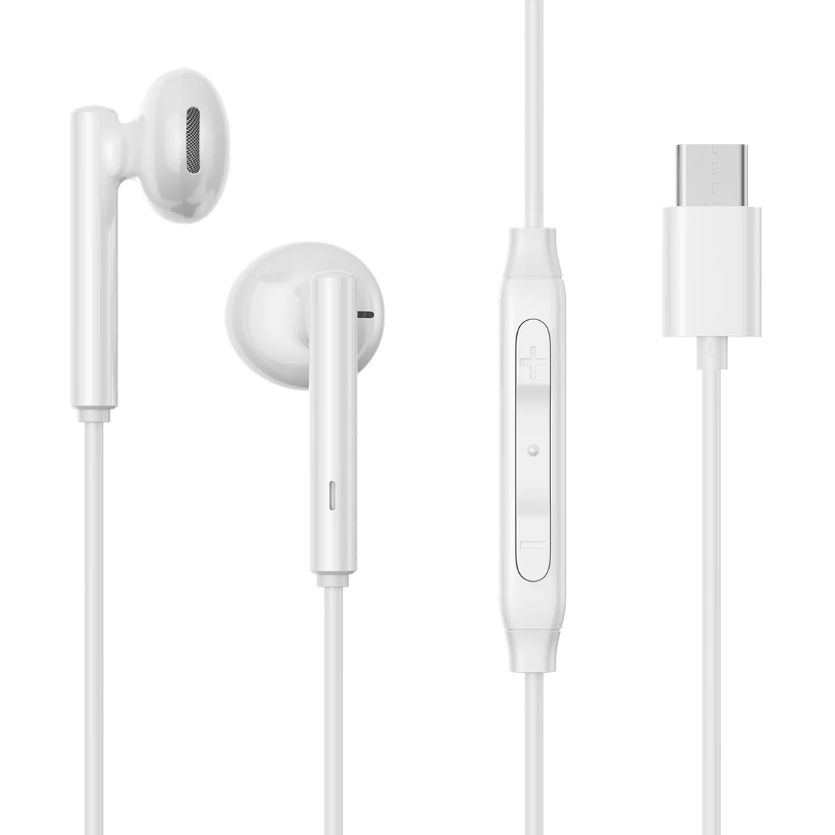 White wired half in-ear earphones: earbuds, inline remote, and USB-C connector