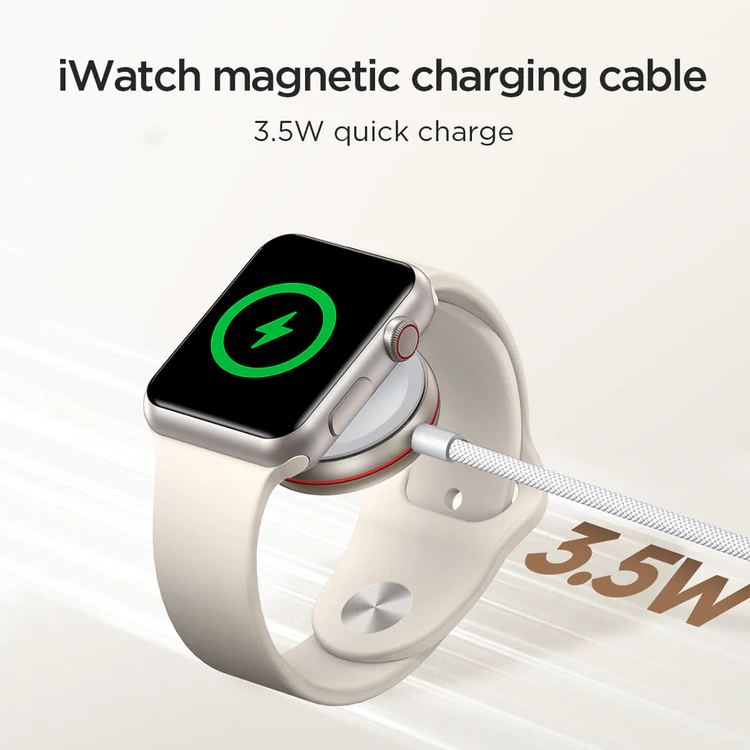 White magnetic iWatch charging cable with USB-C plug, round magnetic puck end