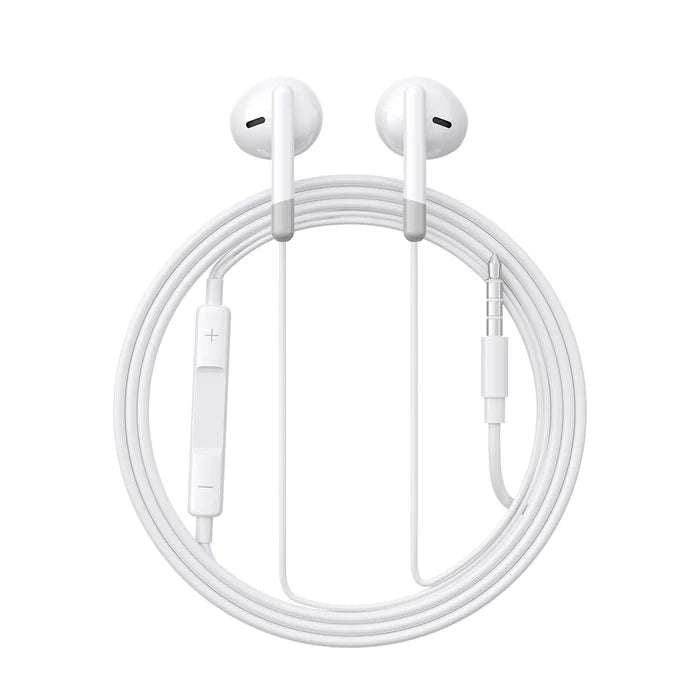 White wired half in-ear earbuds with Y-style cable and inline pair connection