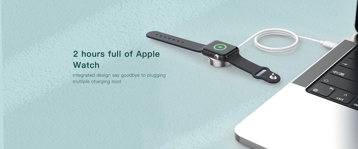 iWatch wireless charger with gray strap-style stand and white charging cable
