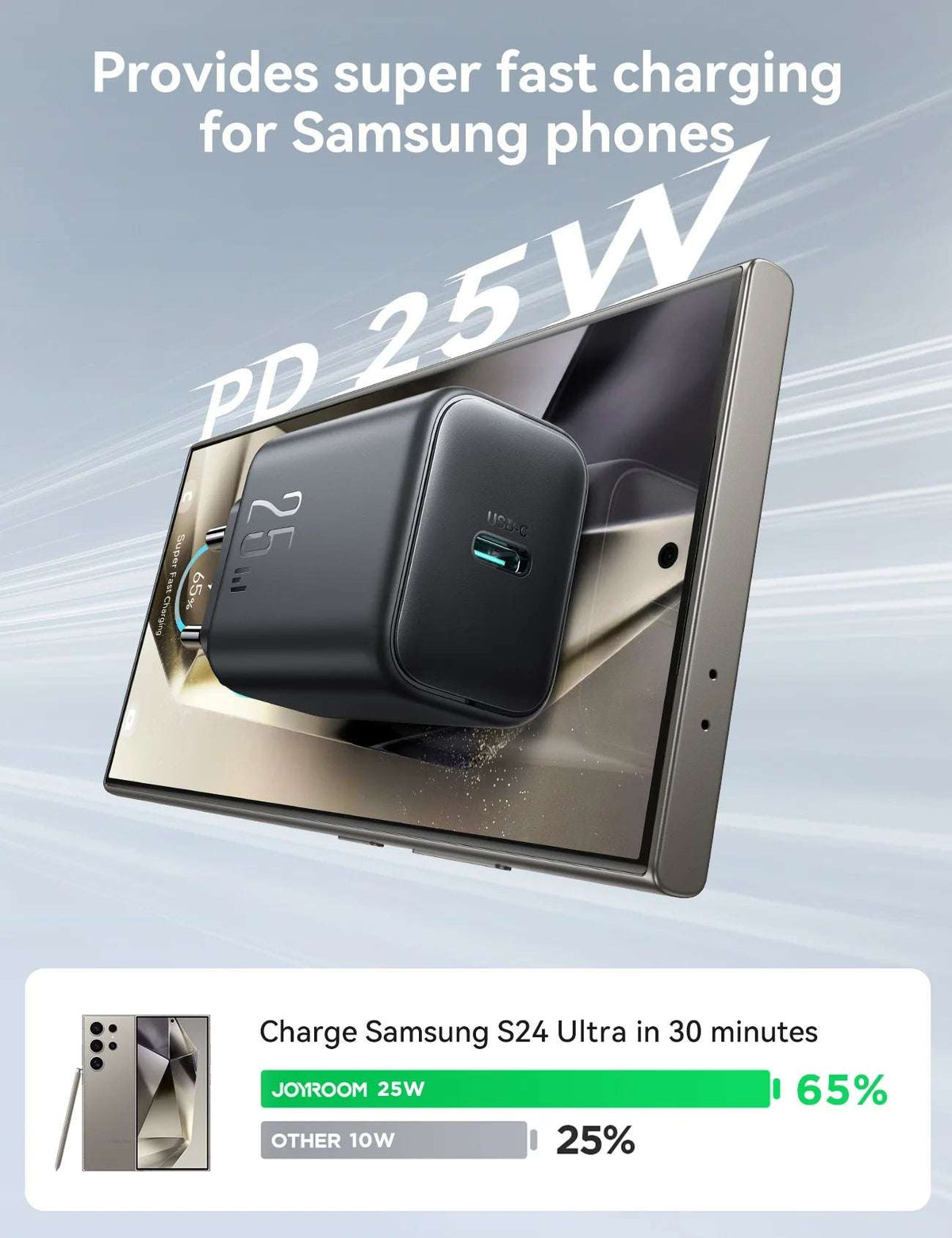 Black 25W PD USB-C charger shown on wall plate, USB-C port visible