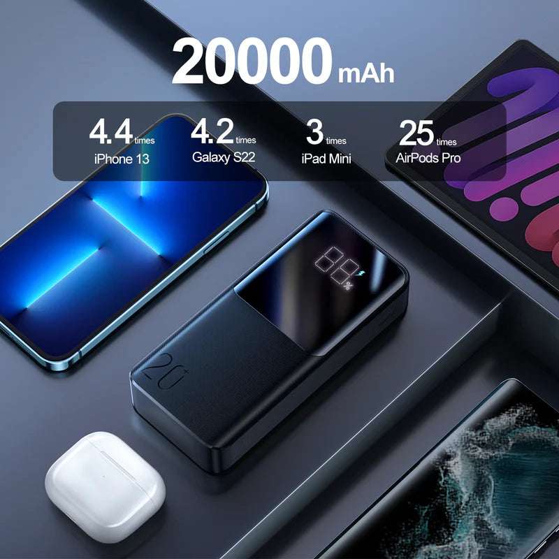 Black power bank with central charging display area and curved side design