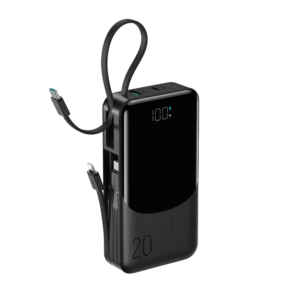 Black compact power bank with braided strap and dual built-in connectors
