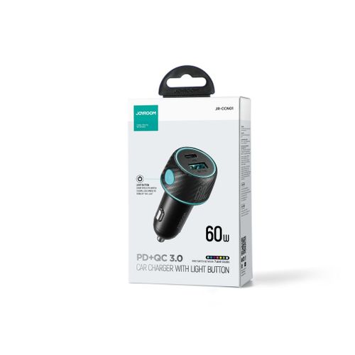 JOYROOM JR-CCN01 60W USB+USB-C / Type-C Multi-color Car Charger with Light Button(Black)