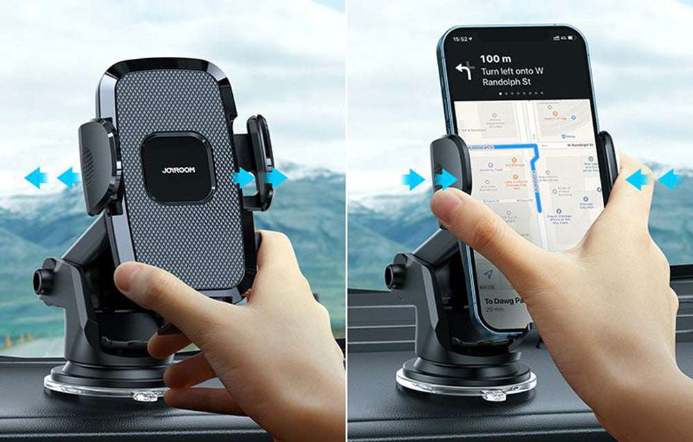 Joyroom air vent car phone mount with spring cradle holding a smartphone