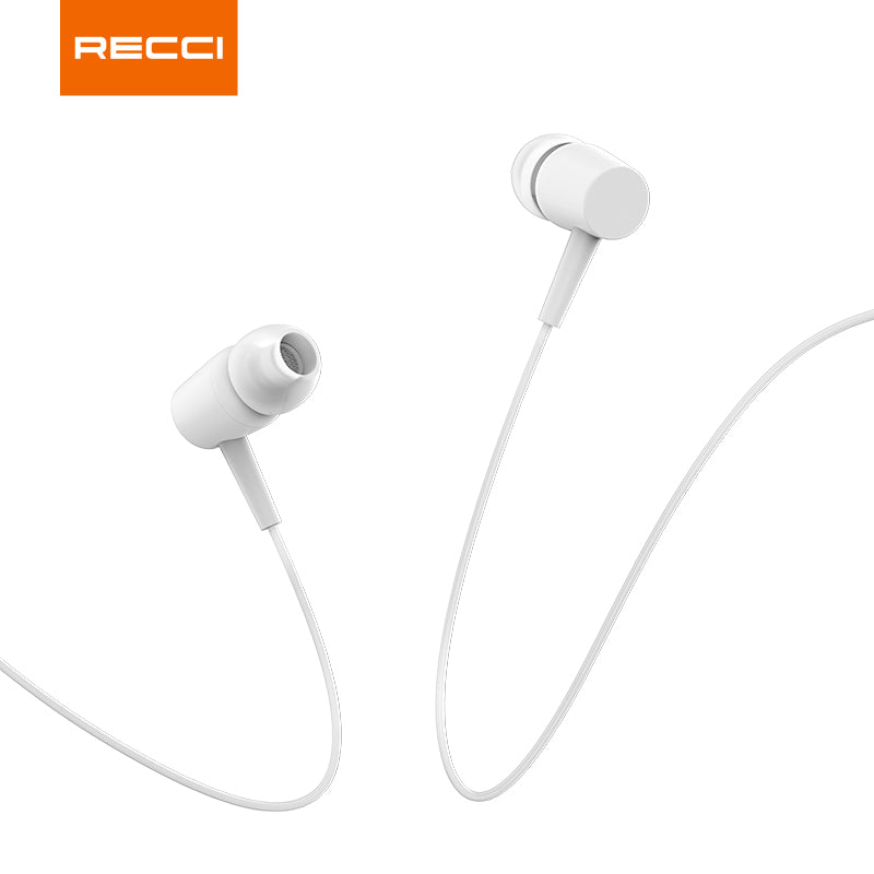 White wired in-ear earbuds with curved cable and speaker grille detail