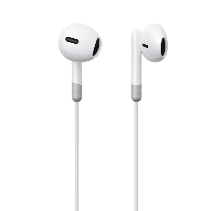 Pair of white half in-ear earbuds with black speaker grilles and wired stems