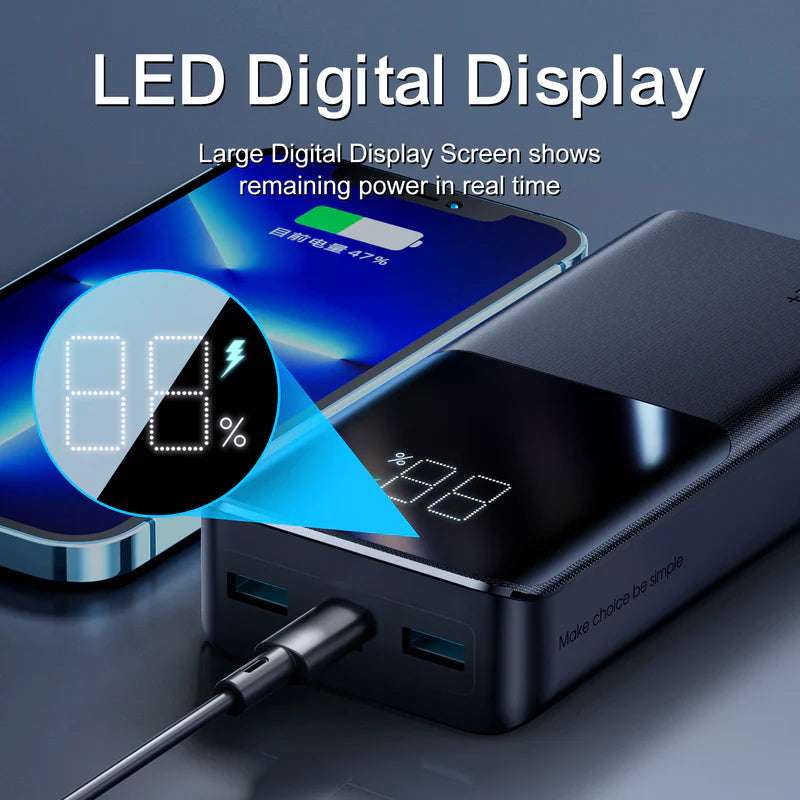 Black power bank with illuminated LED digital display on top