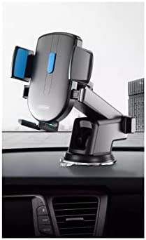 Car phone holder with side clamps and base mount, dark gray body with blue accent inserts