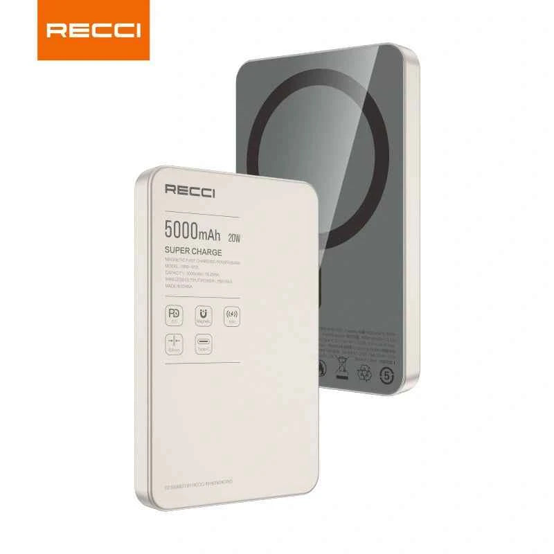 Recci magnetic power bank, light gray front and dark gray back, 5000mAh