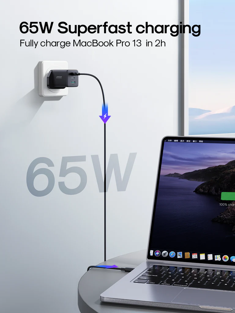 JR-TCG01 GaN Ultra 65W 2C1A Fast Charger+100W C to C Cable 1.2m-UK/EU شاحن جوي روم سريع