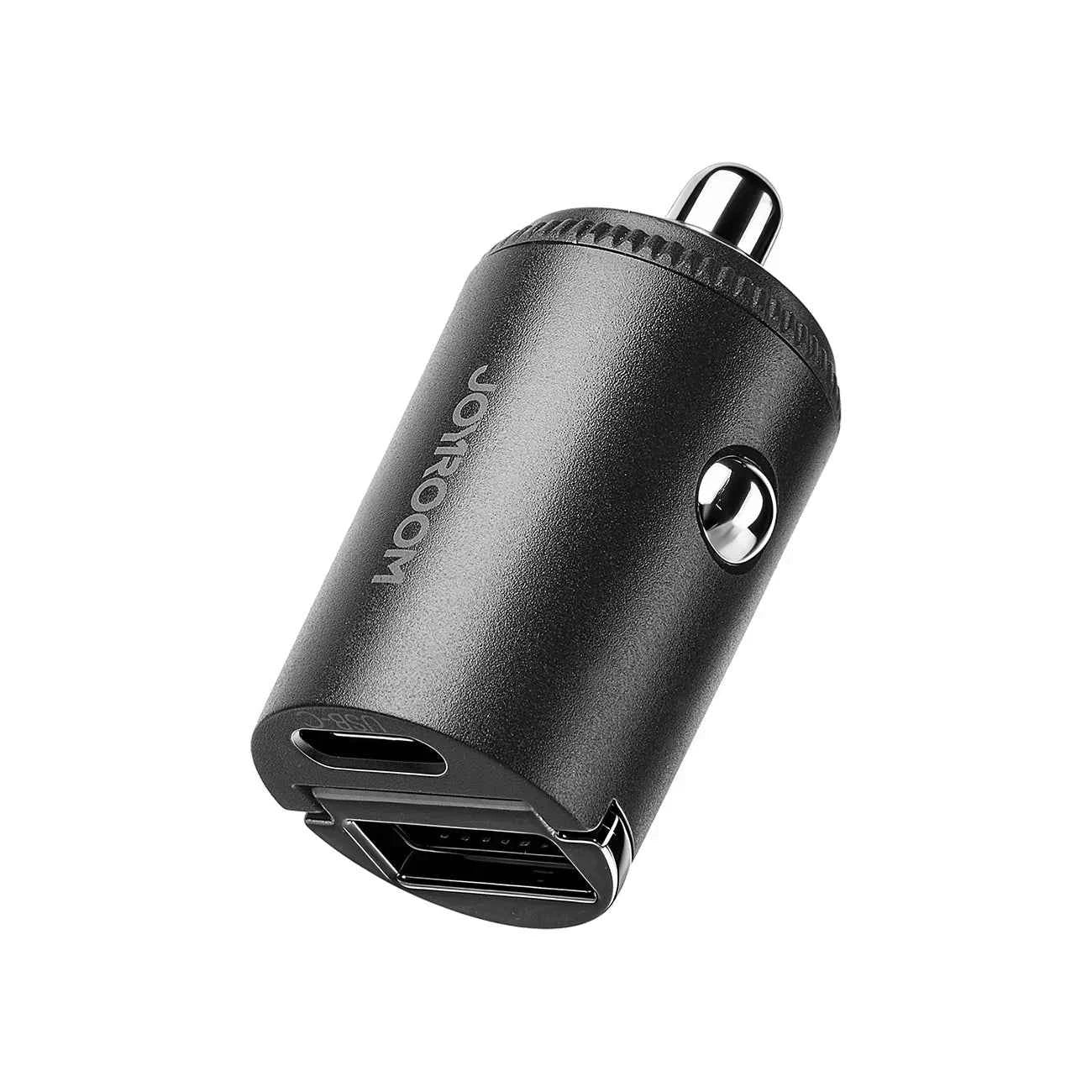 Mini car USB charger, USB-C and USB-A ports on front, black body with ring