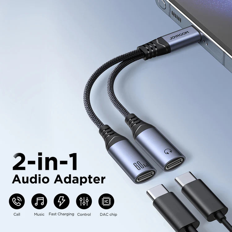 Close-up black Type-C audio adapter with dual Type-C ports and braided cable