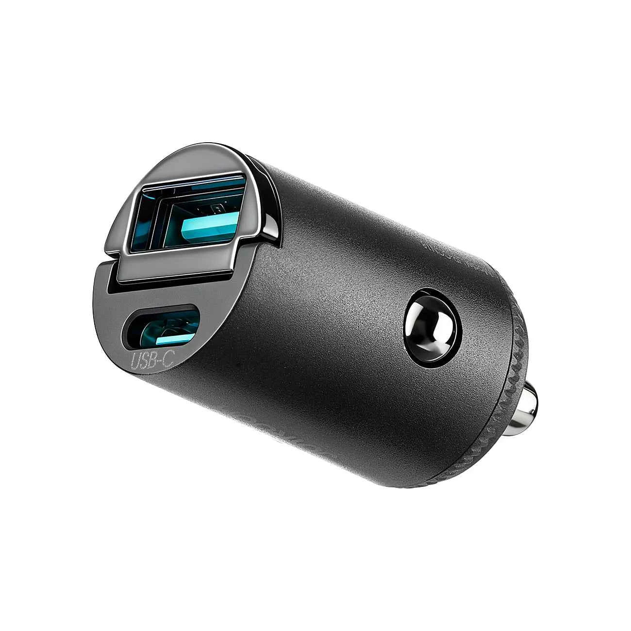 Mini car USB charger with USB-C and USB-A ports, pull-ring style, black