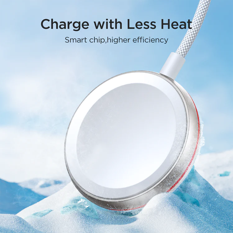 White magnetic iWatch charging puck on braided cable, charging end view