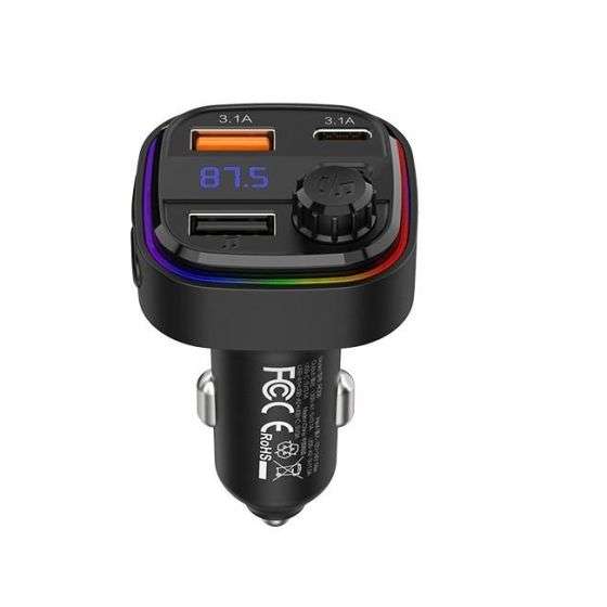 Black car charger with screen, dual USB-A and USB-C ports, 15W+15W
